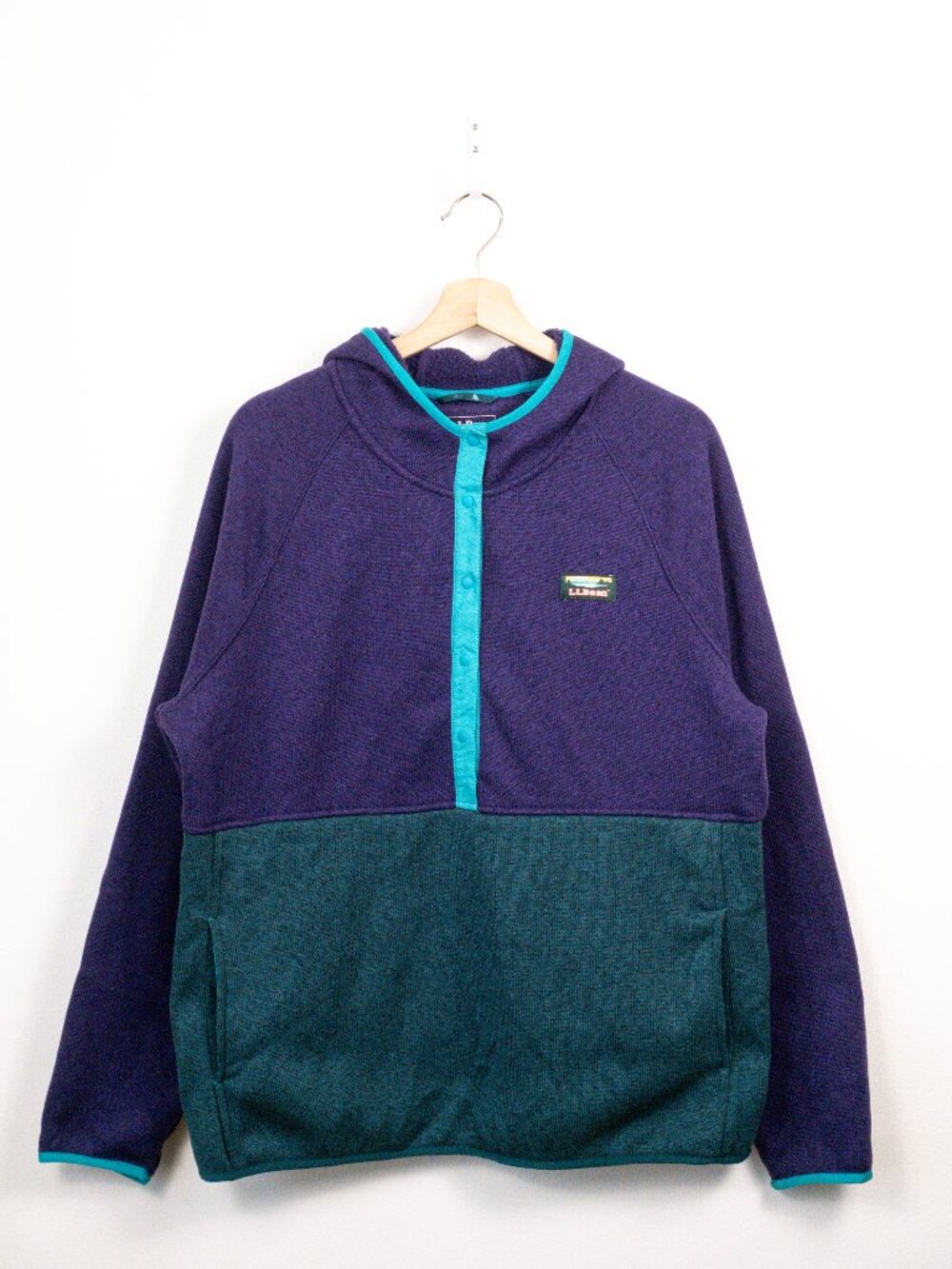 LL Bean Sweater Fleece Hooded Pullover Snap T Purple Green XL Reg